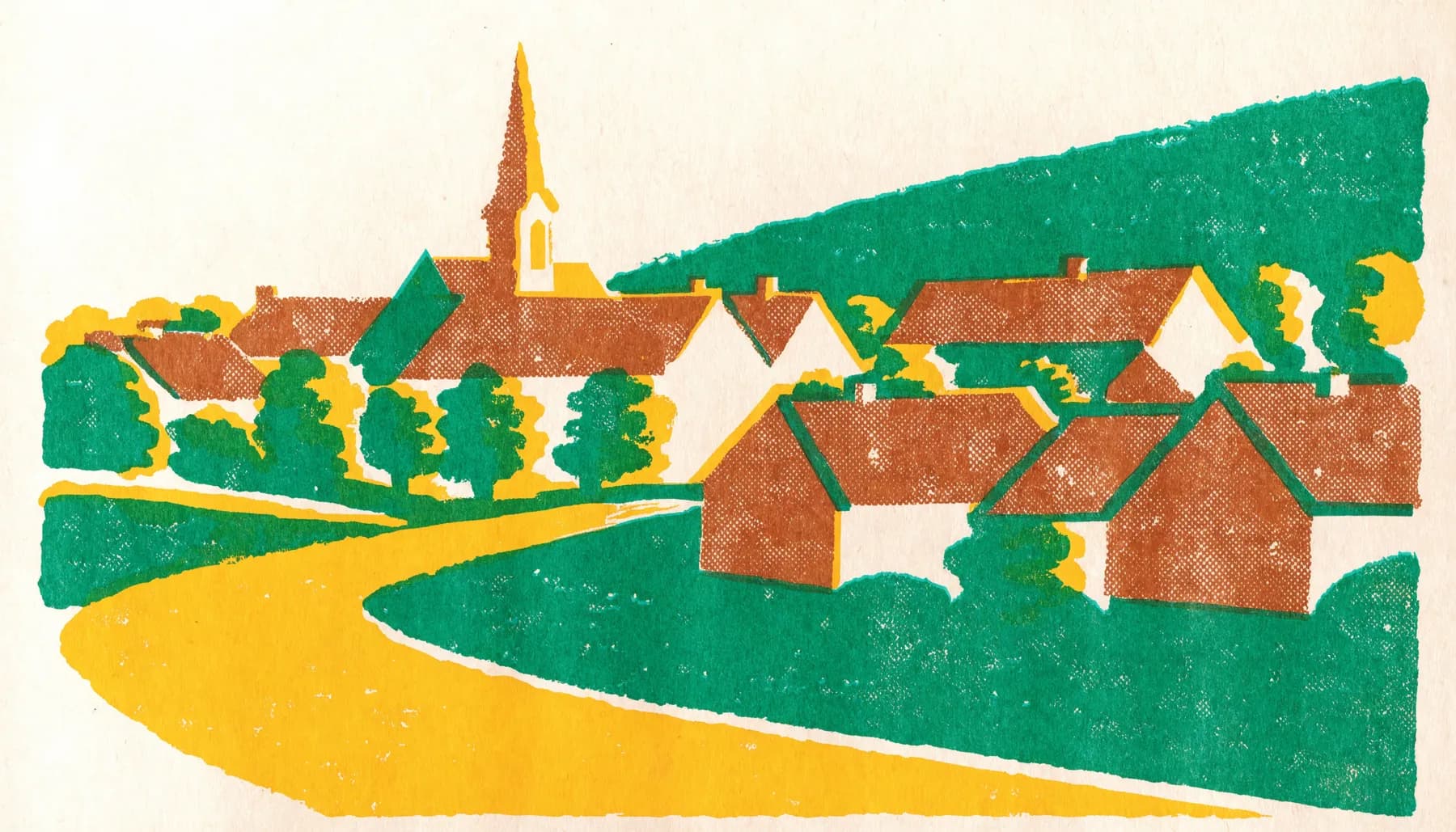 Risografická ilustrace českého městečka — cesta vedoucí do města
